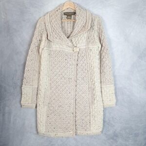 Inis Crafts Sweater Womens Small Beige Merino Wool Aran Cardigan Coat Ireland